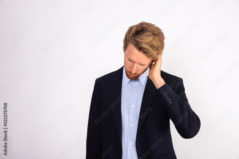 Portrait of worried businessman scratching head. Portrait of worried businessman scratching head. Caucasian manager wearing blue shirt and black suit coat having problem. Problem and trouble concept Portrait of worried businessman scratching head. Portrait of worried businessman scratching head. Caucasian manager wearing blue shirt and black suit coat having problem. Problem and trouble concept