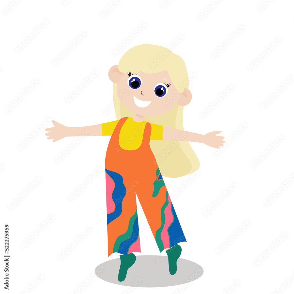 A girl in a wide colored jumpsuit rejoices and stands with her arms outstretched. The child is happy and fashionably dressed. Character design isolated on white background.