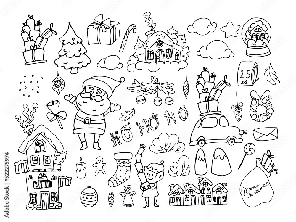 Christmas doodle set. Line hand drawn Santa Claus, gifts, car, house, elf, sock, Christmas toys, Christmas tree, bushes, houses, mountains, clouds, letter, calendar with number 25. Christmas doodle set. Line hand drawn Santa Claus, gifts, car, house, elf, sock, Christmas toys, Christmas tree, bushes, houses, mountains, clouds, letter, calendar with number 25.