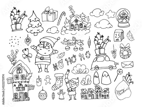 Christmas doodle set. Line hand drawn Santa Claus, gifts, car, house, elf, sock, Christmas toys, Christmas tree, bushes, houses, mountains, clouds, letter, calendar with number 25.