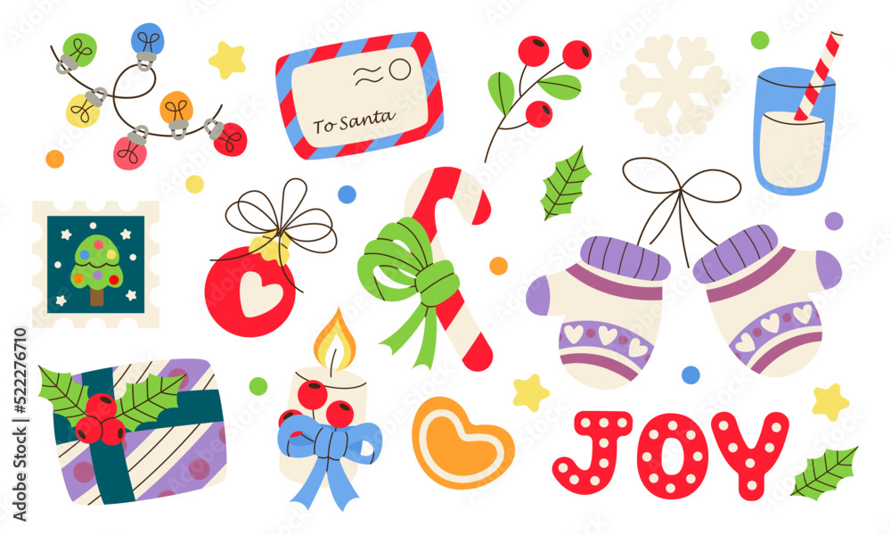 Fototapeta premium Set of merry christmas gift, garlands, candy, candle, snowflake, winter mittens, fir tree baubles, joy, milk, post mark. Holiday festive decoration. Hygge, cozy xmas household. Happy New Year 2023.