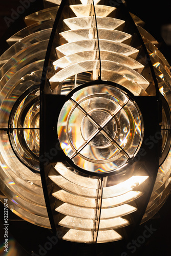 Bright lighthouse lamp with a Fresnel lens. Close up