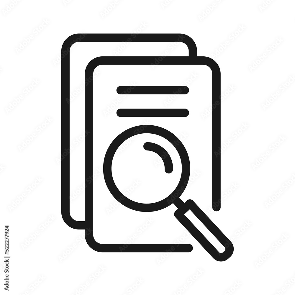 Scrutiny document plan outline icon. Review statement with magnifier loupe, illustration Scrutiny document plan outline icon. Review statement with magnifier loupe, illustration