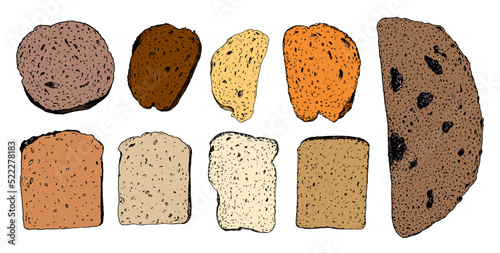 a set of slices of bread in color. collection hand-drawn sketch of bread, top view of different types and shapes: white, round, orange, yellow, with the texture of seeds and prunes in color with a bla