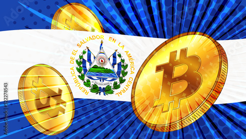 Gold coin of Bitcoin BTC and El Salvador colored flag on background. Central Bank of El Salvador has passed laws on mining and digital assets.