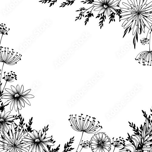 Square floral frame with decorative wild flowers. Hand drawn black and white vector illustration.
