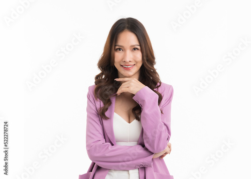 Beautiful portrait of happy Asian business woman standing on white background, businessman concept.