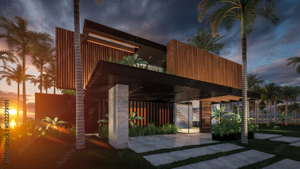 3d rendering of modern cozy house with parking and pool for sale or rent with wood plank facade by the sea or ocean. Sunset evening by the azure coast with palm trees and flowers in tropical island