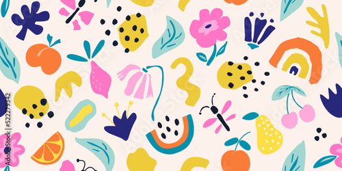 Cute seamless pattern with hand-drawn details.Modern background with flowers, fruits and butterflies for your design.Vector illustration for fabric design, covers and other