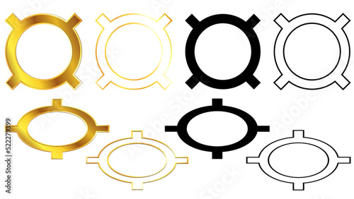 Set of golden universal currency signs, silhouette and outline isometric top and front view isolated on white background. Character used to denote an unspecified currency. Design element.