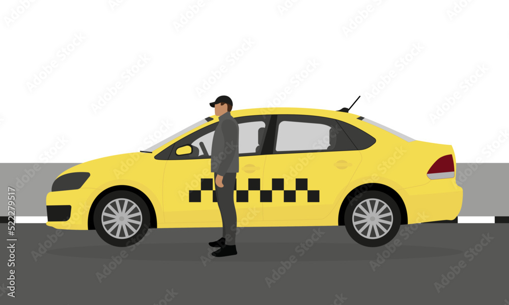A male character stands near a yellow taxi on the road next to the sidewalk