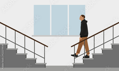 Male character descends the stairs