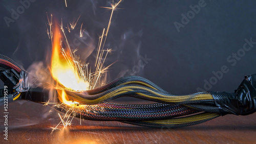 Electrical wiring and wires are lit on a dark background. A short circuit in the twisted wires from the computer. Flames, sparks and smoke.