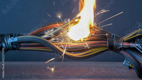 Cuadro en lienzo Electrical wiring and wires are lit on a dark background