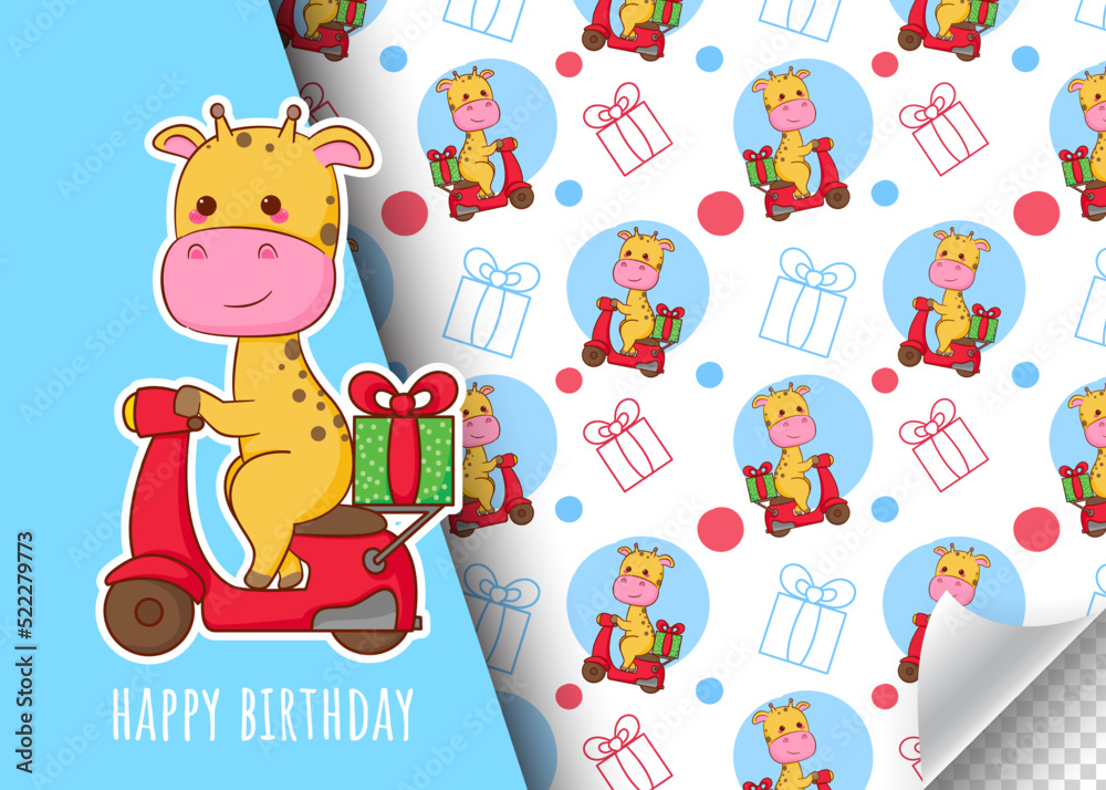 Obraz premium Cute cartoon giraffe character riding motorcycle. Kids card and seamless background pattern. Hand drawn design vector illustration.