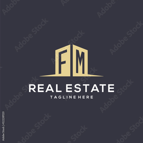 Monogram FM logo for construction with simple building shape icon design