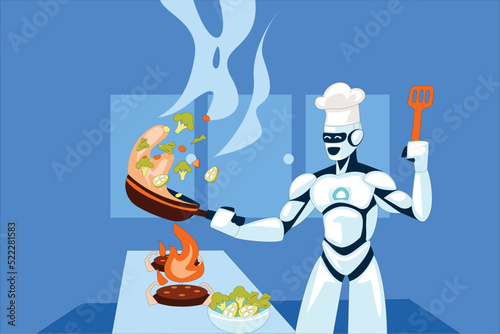 Robot cooking foods in kitchen illustration vector art 