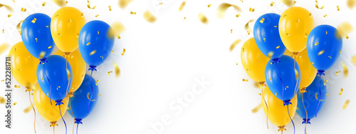 Banner design template with realistic yellow and blue helium balloons, falling golden confetti and empty space in the center. Vector illustration on white background