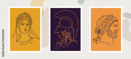 Greek modern faces portraits in one line style. Various Antique busts. Heads of woman, Aphines and king.