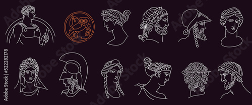 Greece modern faces portraits in one line style. Various Antique busts. Heads of women, warriors, kings, and owl coin.