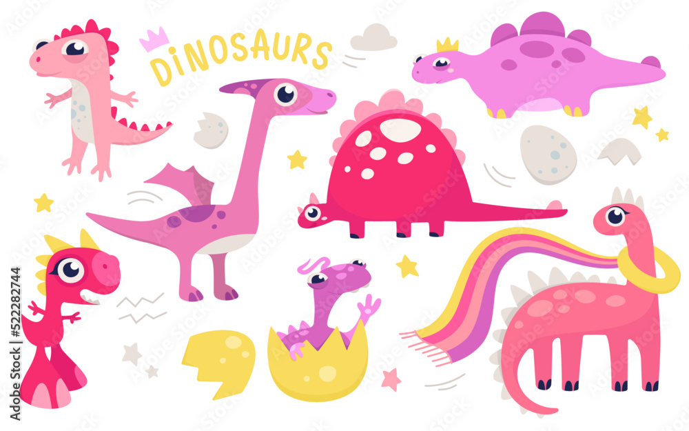 Cartoon isolated adorable dino characters for childish collection of kindergarten decoration, funny prehistoric baby animal in egg, little tyrannosaurus. Cute pink dinosaur set vector illustration