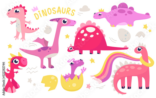 Cartoon isolated adorable dino characters for childish collection of kindergarten decoration  funny prehistoric baby animal in egg  little tyrannosaurus. Cute pink dinosaur set vector illustration