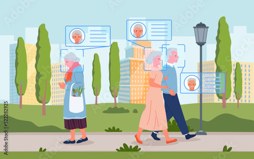 Face recognition for senior citizens vector illustration. Cartoon old people walking in summer city park with surveillance, biometric identification over head of elderly grandma and grandpa background