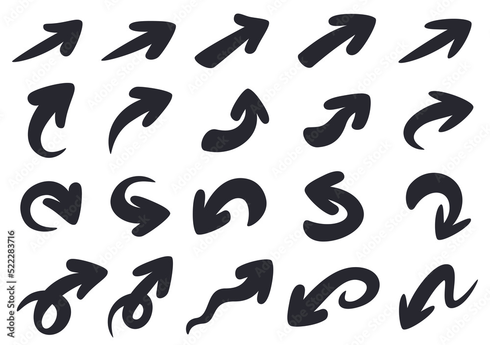 Set of handwritten pointer arrows. Collection of different arrows for web design mobile applications. Vector illustration