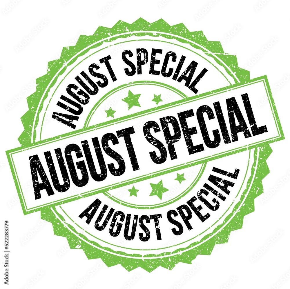 AUGUST SPECIAL text on green-black round stamp sign AUGUST SPECIAL text on green-black round stamp sign
