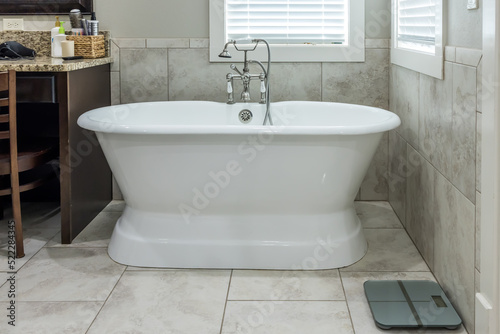 Master bathroom freestanding bathtub in a tiled master bathroom