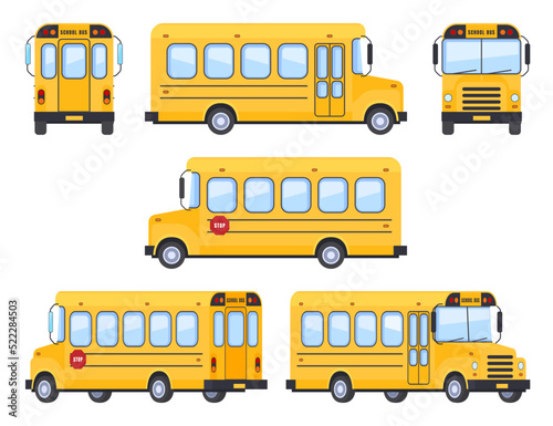 Yellow school bus in different angles. Transporting children from home to school. Vector illustration