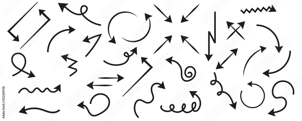 Arrow. Hand drawn arrows. Arrow sketch vector set.  Vector illustration. eps10