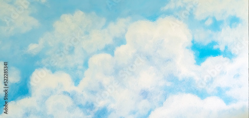 Fototapeta Naklejka Na Ścianę i Meble -  Beautiful painting of clouds and sky on cement wall. Scratched blue wall texture(backdrop surface). Concrete wall with clouds and sky picture. Abstract beautiful pattern clouds on blue sky background.