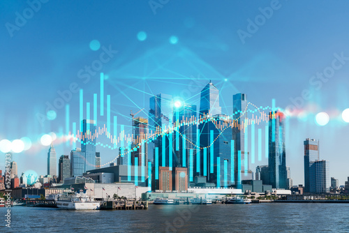Skyscrapers Cityscape Downtown View, New York Skyline Buildings. Beautiful Real Estate. Day time. Forex Financial graph and chart hologram. Business education concept.