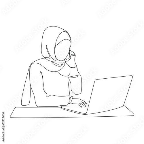 Muslim woman in hijab working with computer laptop and holding smartphone in hand, business people, diversity and office concept. Muslim business woman continuous line drawing, vector illustration
