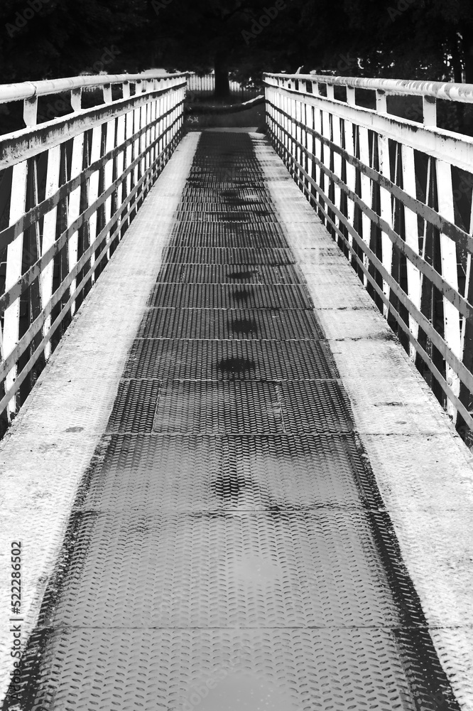Poland, Lublin, bridge over the Bystrzyca River on a rainy day, black and white photography.