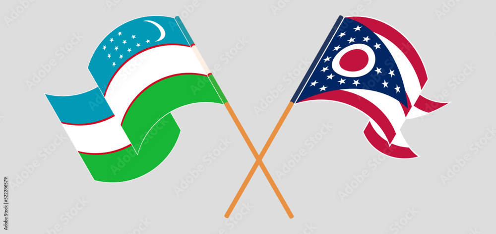 Crossed and waving flags of Uzbekistan and the State of Ohio