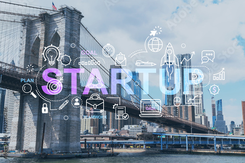 Fototapeta Naklejka Na Ścianę i Meble -  Brooklyn bridge with New York City Manhattan, financial downtown skyline panorama at day time over East River. Startup company, launch project to seek and develop scalable business model, hologram