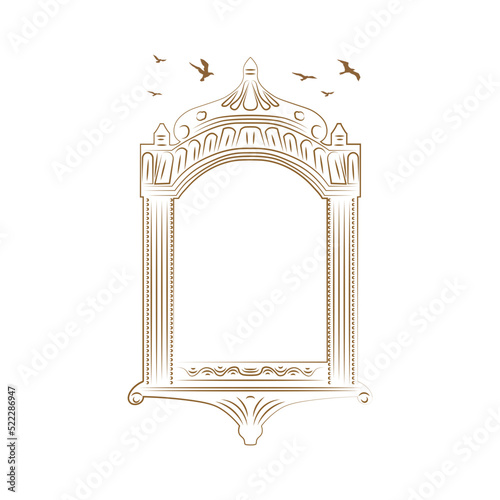 Jharokha vector illustration. Window architecture illustration. Jharokha with Birds illustration. Line art arch illustration. Flying Birds illustration. Rajasthani Jharokha vector.	