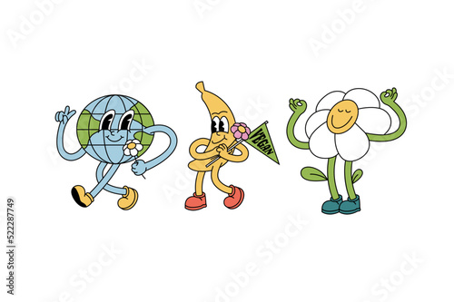 Vector illustration set of banana fruit, chamomile flower and planet Earth characters ìn retro style. Groovy stickers with happy faces.