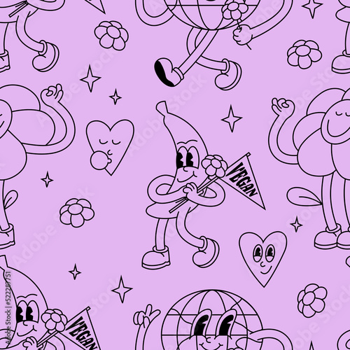 Vector illustration set of banana fruit, chamomile flower and planet Earth characters ìn retro style. Groovy stickers with happy faces. Seamless pattern.