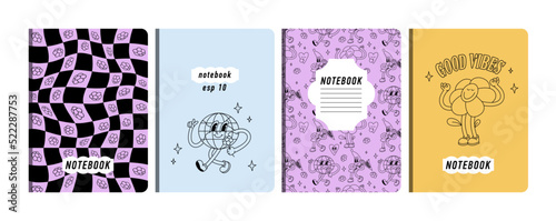 Vector illustartion templates cover pages for notebooks, planners, brochures, books, catalogs. Background ìn retro groovy style.