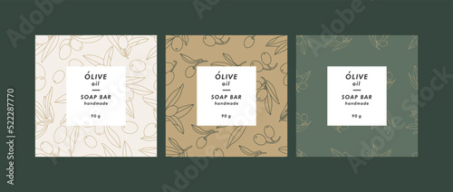 Vector set seamless patterns for cosmetics with template design labels. Backgrounds with olives branches for handmade soap.