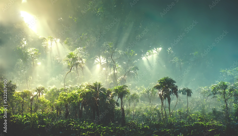 Fototapeta premium Exotic tropical palm forest at sunset, sun rays through leaves, shadows. Tropical forest, exotic forest background, green oasis. 3D illustration.