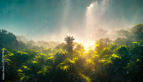 Exotic tropical palm forest at sunset, sun rays through leaves, shadows. Tropical forest, exotic forest background, green oasis. 3D illustration.
