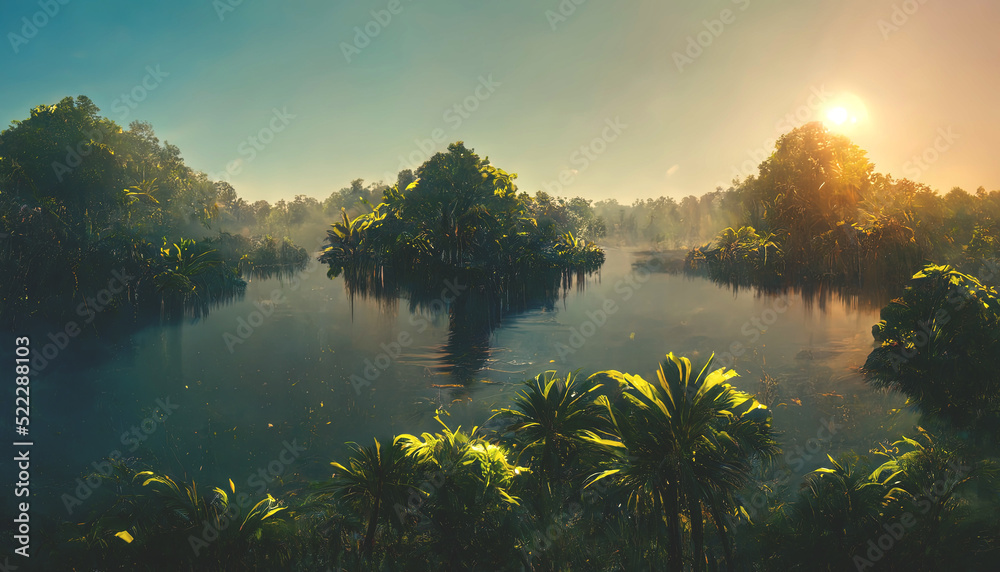 Exotic tropical palm forest at sunset, sun rays through leaves, shadows