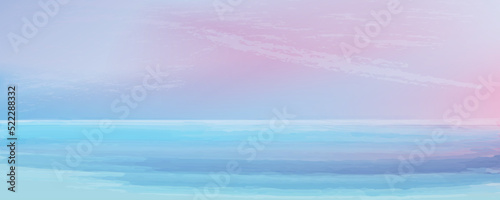 Sunset, tide of the wave, evening ocean view, coast line  background in pink and purple pastel colours. Vector illustration, watercolor style, concept for card, poster, flyer, print.