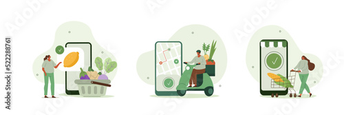 Grocery vegetables illustration set. Character buying online fresh organic vegetables, putting in shopping basket or trolley and receiving delivery. Grocery food delivery concept. Vector illustration.