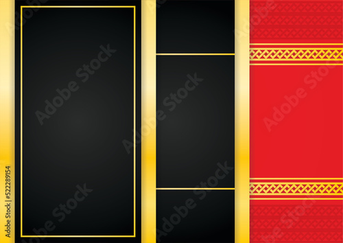 Luxurious black layers with golden borders and red space with golden crossed lines ornament.