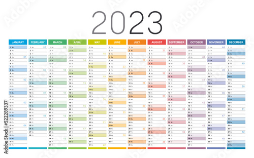 Year 2023 colorful wall calendar, with weeks numbers, on white background. Vector template.